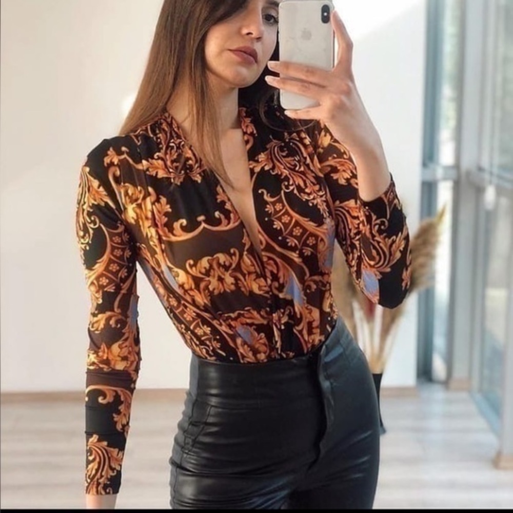 Zara Black Gold Chain Print Flowy Bodysuit 5039/847